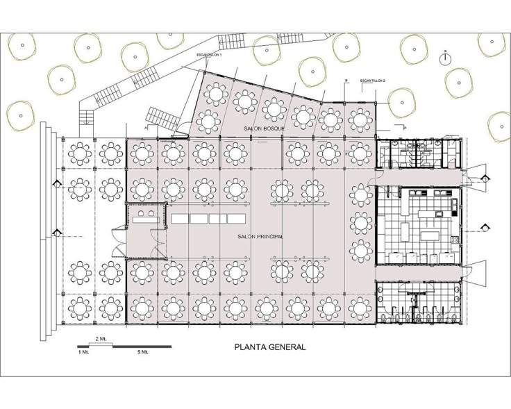 the plan for an outdoor seating area with tables and umbrellas on each side of it