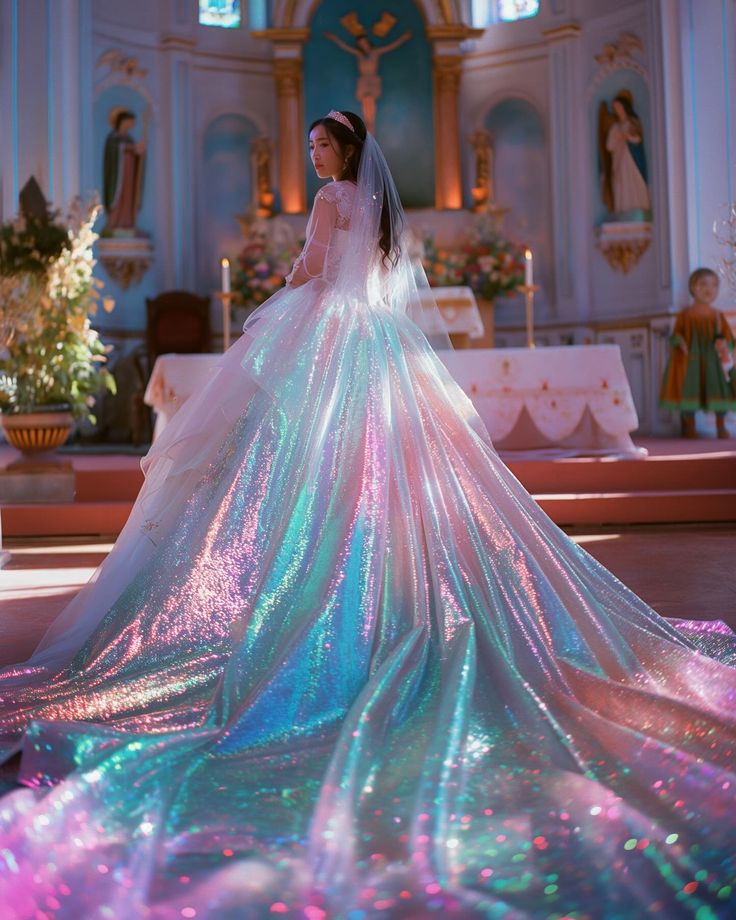 a woman in a wedding dress is standing in front of the alter at a church