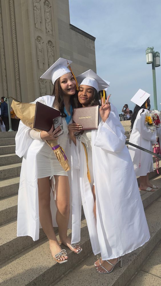 Highschool Graduation Outfit Ideas, White Cap And Gown, High School Graduation Outfit, Girl Bestie, Highschool Graduation, College Grad Pictures, Graduation Dresses White, High School Graduation Pictures, Graduation Outfit Ideas