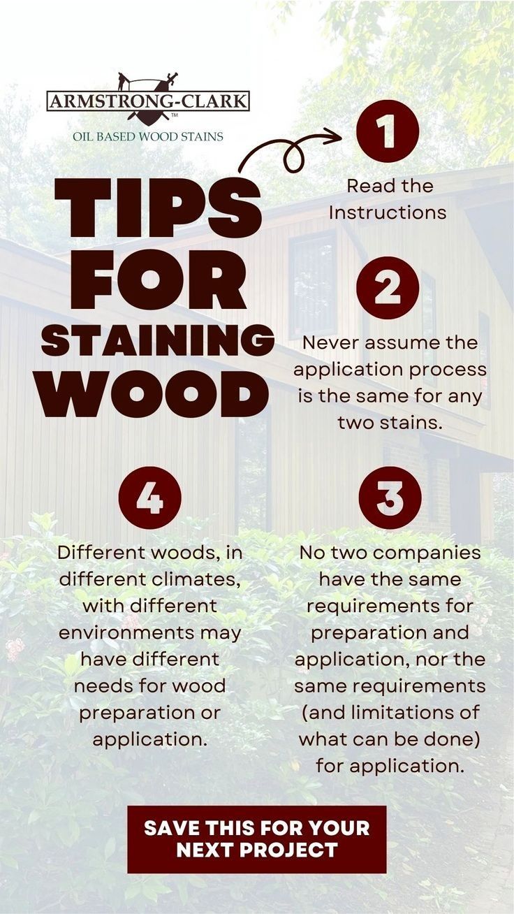 an info sheet describing the steps to staining wood in front of a house with text that reads tips for staining wood