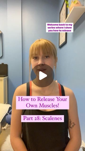 a woman standing in front of a mirror with the words how to release your own muscles part 28 scalenes