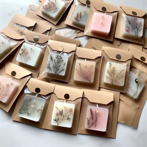 many small square candles are on display in brown paper bags with tags attached to them