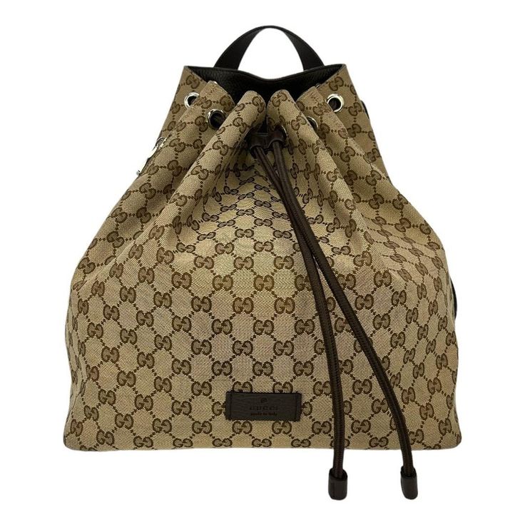 Gucci Drawstring Backpack, Guccio Gucci, Backpack Purse, Canvas Leather, Leather Top, Fashion Handbags, Drawstring Backpack, Leather Trims, Shoulder Straps