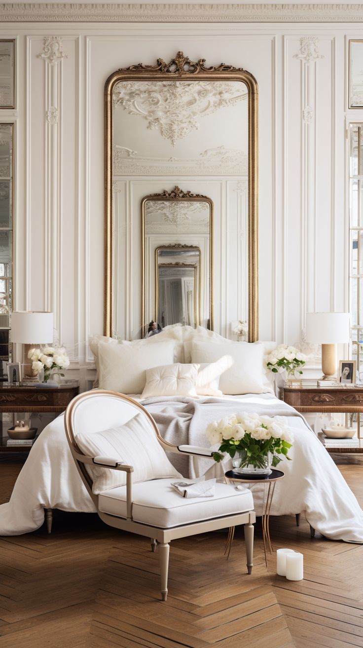 a bedroom with white walls and wood flooring has a large mirror above the bed