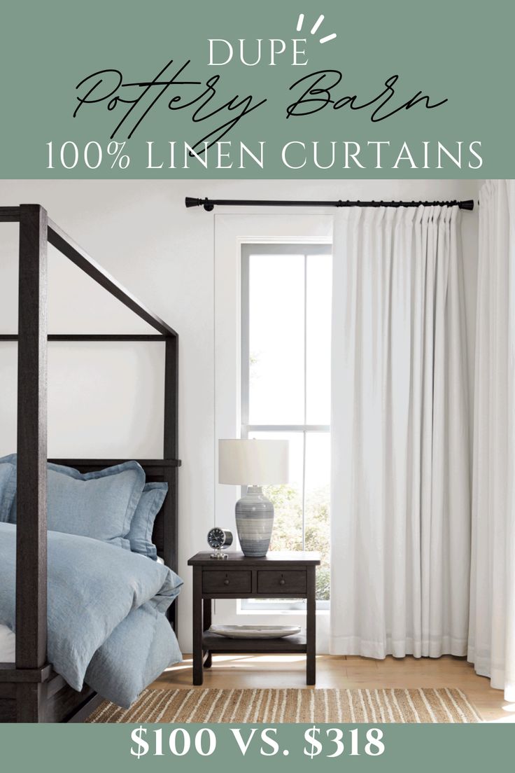 a bedroom with white curtains and blue linens on the bed is featured in this ad