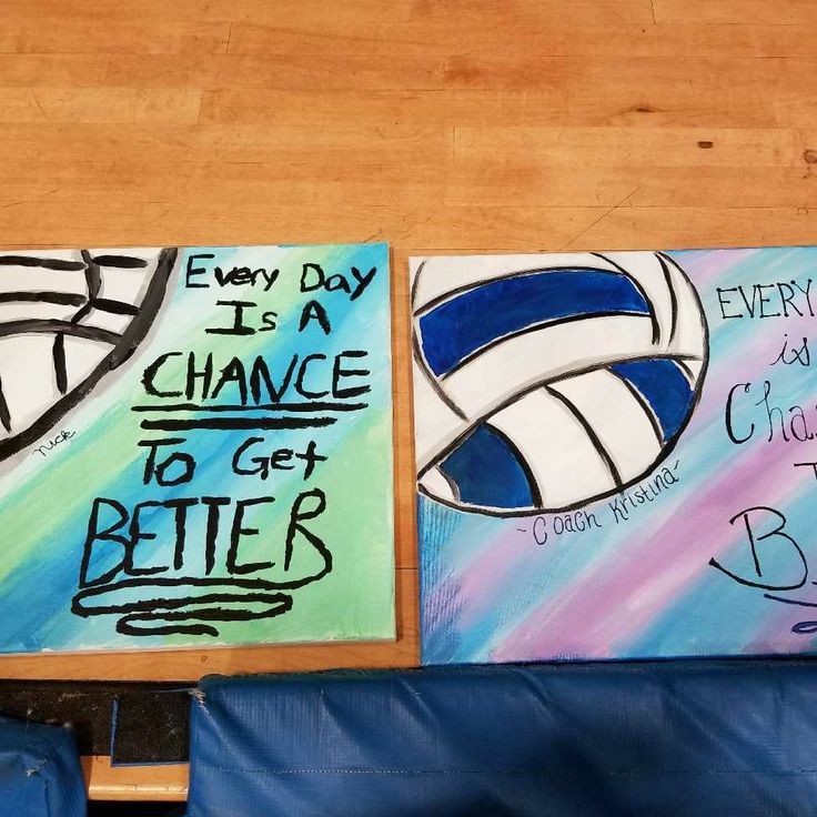 two paintings with words written on them and one has a volleyball ball painted on it