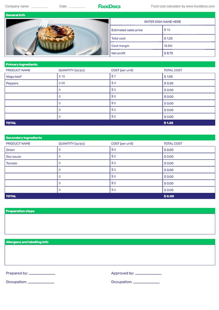 a recipe sheet with an image of a pie on the plate and other food items