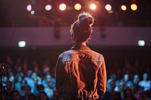 a woman standing in front of a crowd at a concert with her back to the camera