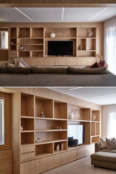 two pictures of a living room with couches and bookshelves on the wall