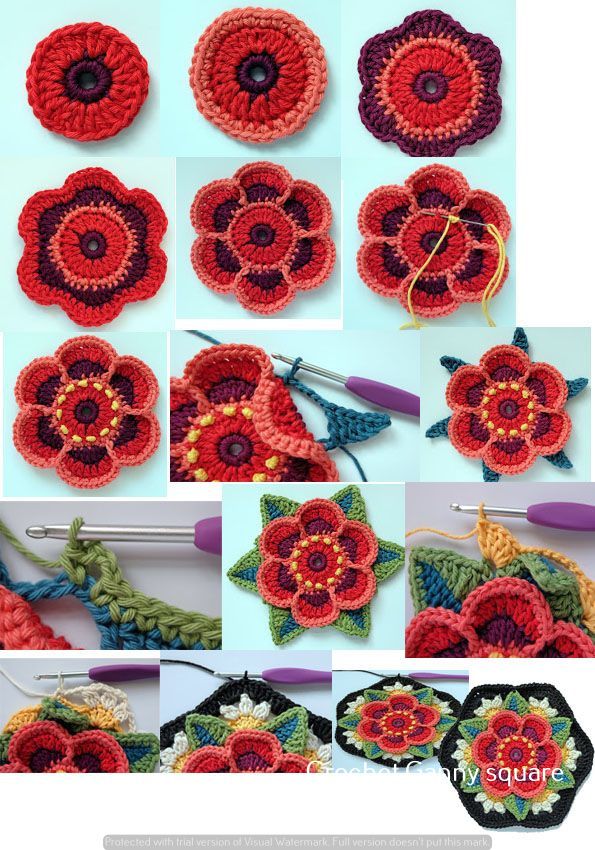 crocheted flowers are shown in many different colors