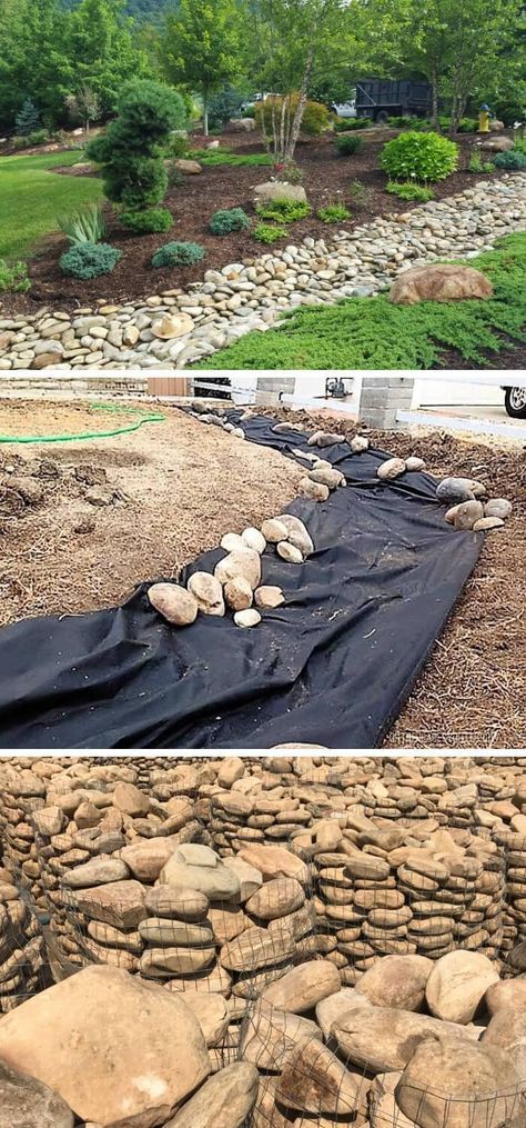 there are two pictures with rocks on the ground and one has a black tarp over it