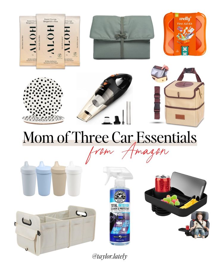 the mom of three car essentials are arranged in a collage with text that reads, mom of three car essentials