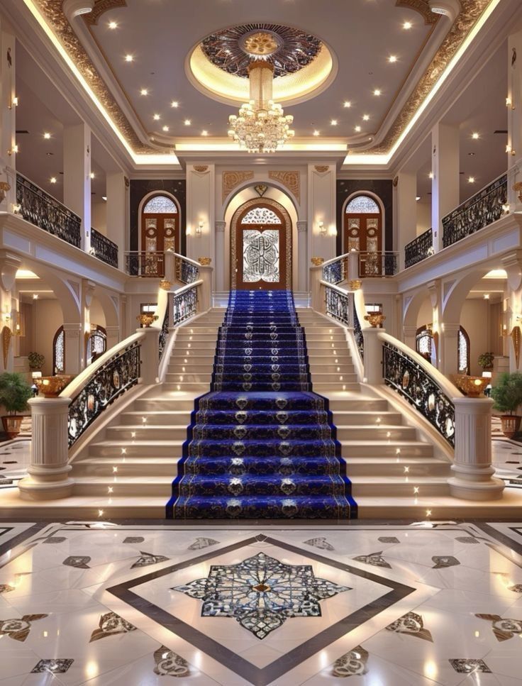 an elaborate staircase with blue carpet and chandelier in a large palace style building