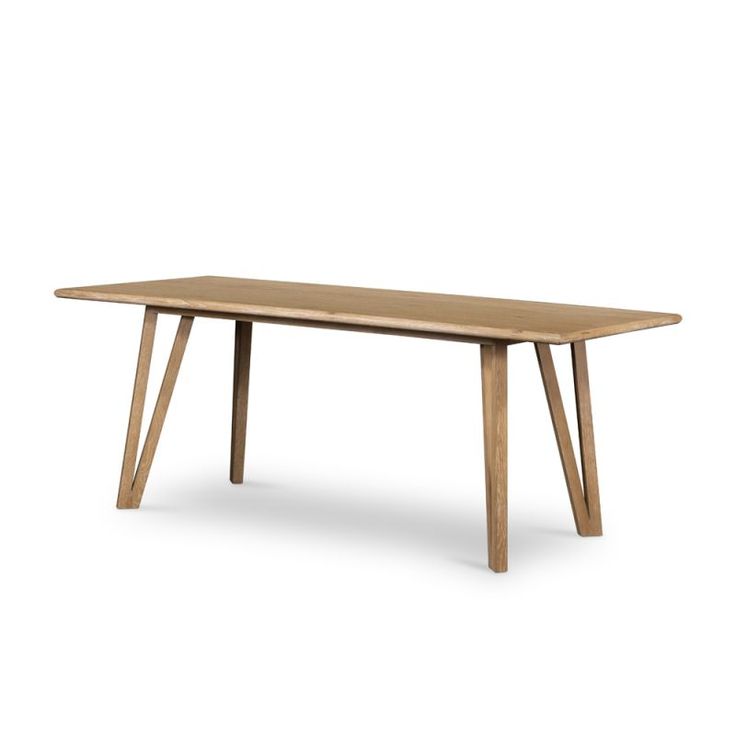 a wooden table with two crossed legs and a long, rectangular shaped dining table top