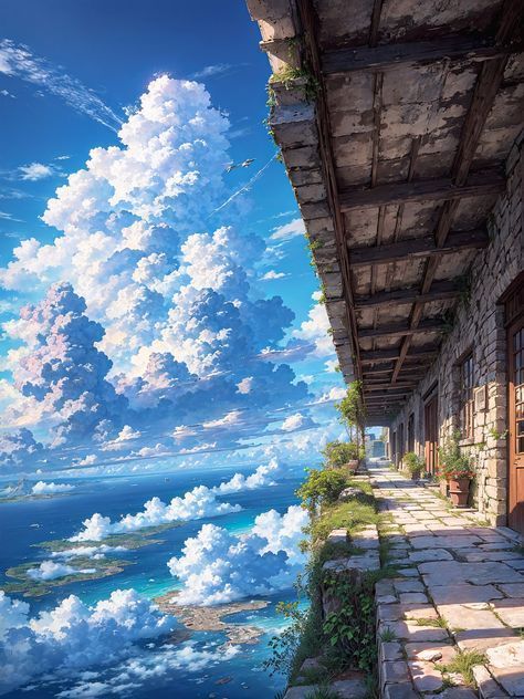 the sky is filled with clouds and blue water, as seen from an alley way