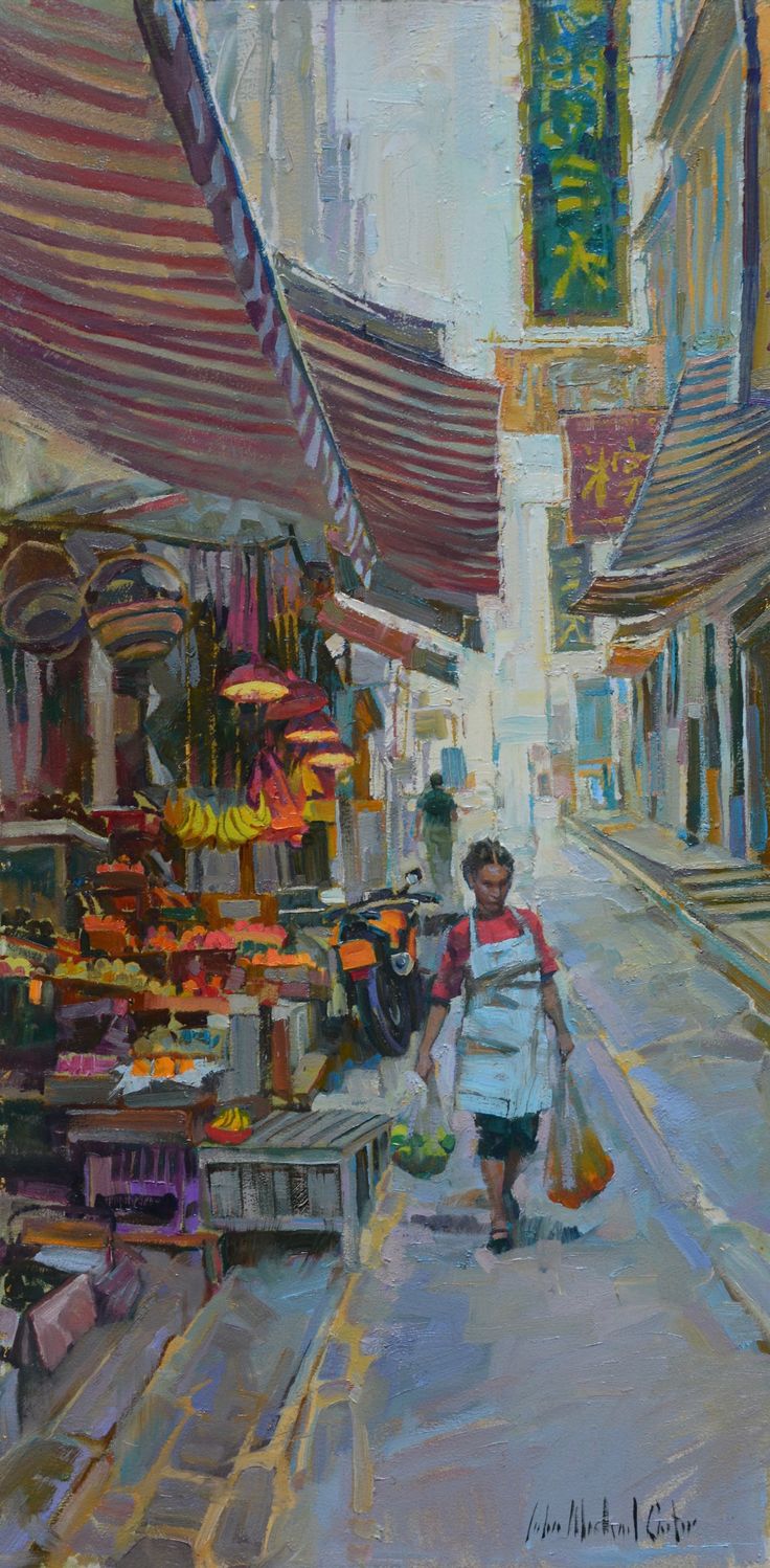 an oil painting of a man walking down the street in front of a market with umbrellas