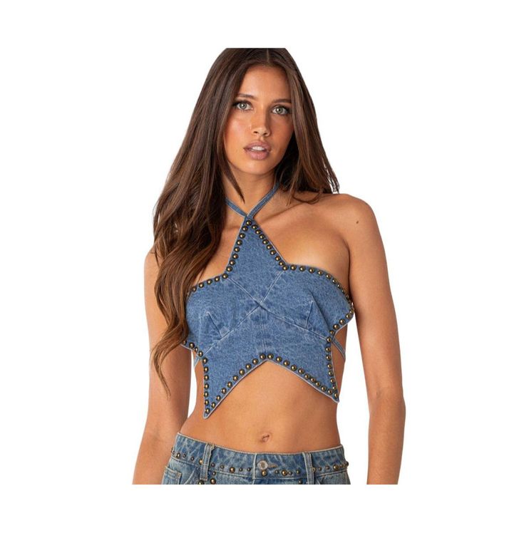 in stock Denim Crop Top, Studded Denim, Summer Denim, Sleeveless Tops, Festival Dress, Star Studs, Denim Top, Shape Design, Summer Party