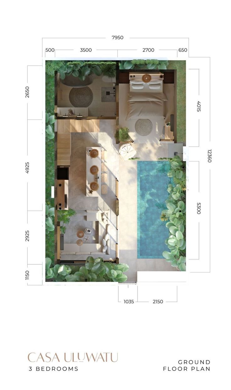 an overhead view of a house with pool and garden furniture in the middle of it