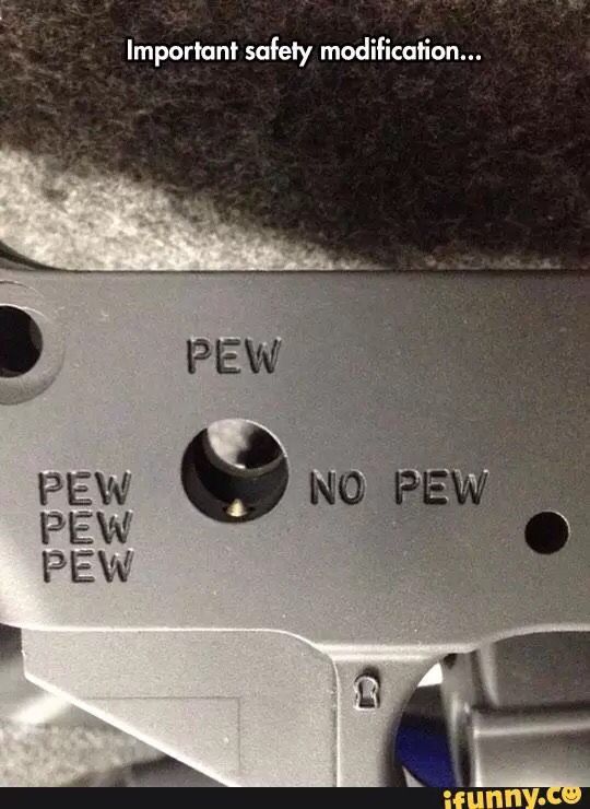 there are two screws on the side of a metal object that says pew no pew