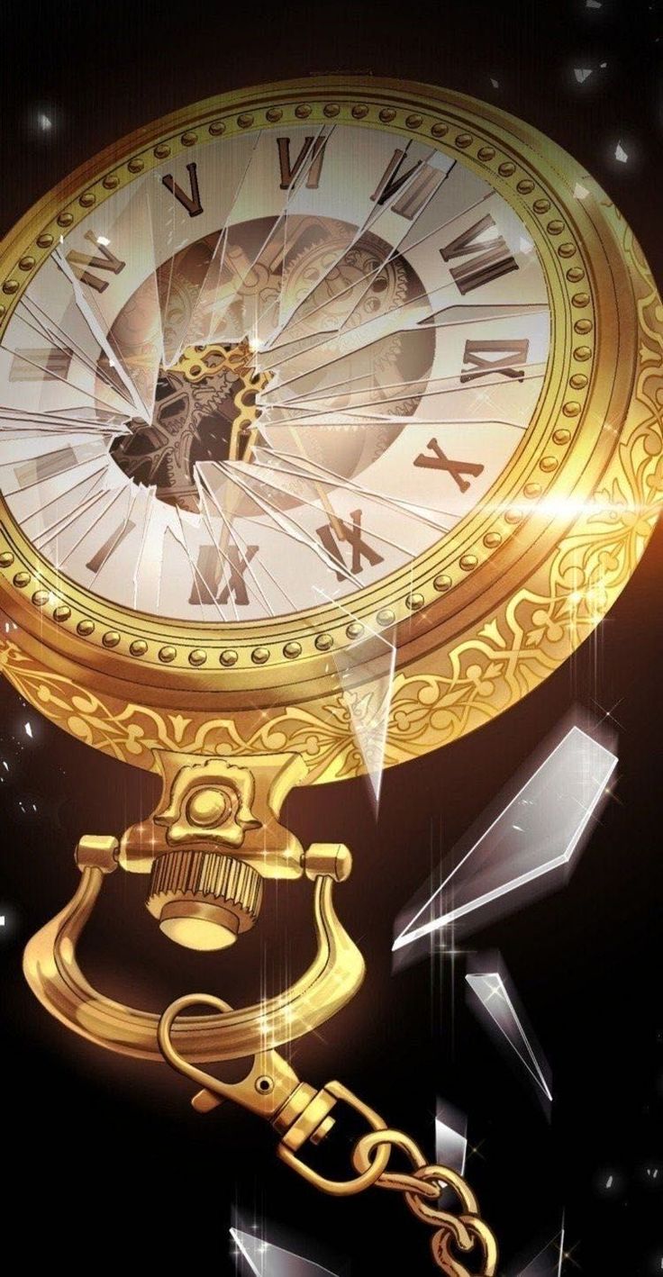 a golden clock with chains hanging from it's sides on a black background and stars in the sky