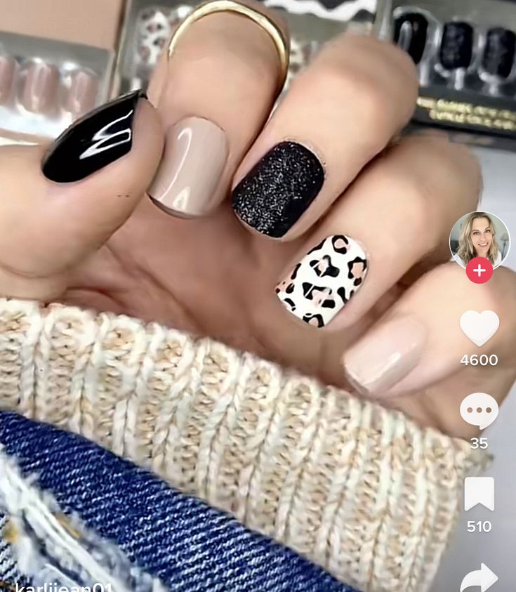 Black Nail Designs Leopard, Disney Leopard Nails, Leopard Arm Tattoos For Women, Fall Season Nails Square, Black Nails With Cheetah Print, Cheetah Accent Nails, Nail Designs Cheetah Print, Short Gel Nails Fall, Fall Cheetah Nails