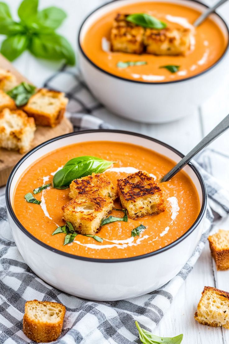 two bowls of tomato soup with croutons and basil garnish on the side