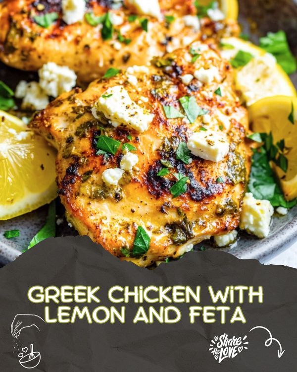 grilled chicken with lemon and feta on a plate