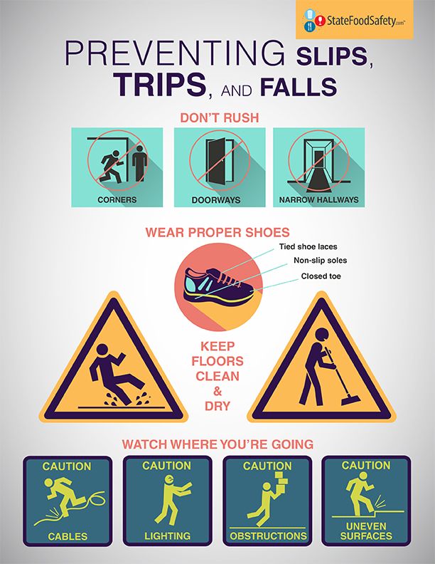 Preventing Slips, Trips, and Falls | We care about your safety! Read through this handy poster to prevent slips, trips, and falls in the workplace! | StateFoodSafety.com Workplace Safety Slogans, Safety Slogan, Safety Pictures, Workplace Safety Tips, Food Safety Training, Safety Topics, Office Safety, Health And Safety Poster, Safety Slogans