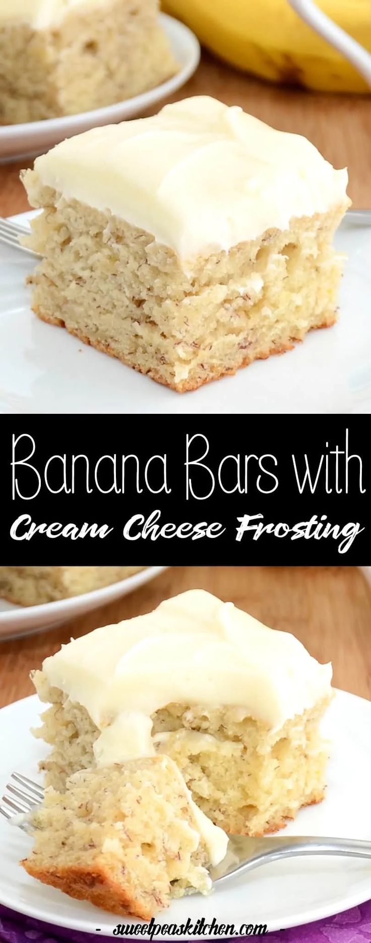 banana bars with cream cheese frosting on white plates