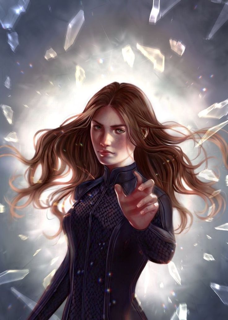 a woman with long hair pointing at something in the air and surrounded by glass shards