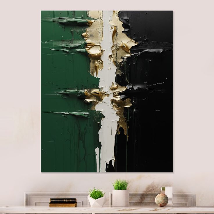 an abstract painting on the wall in a living room with white and green furniture, bookshelves and vases