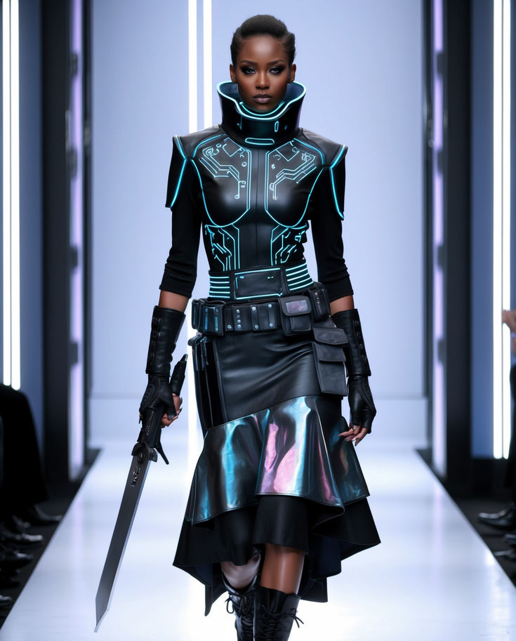 a model walks down the runway with a knife in her hand and wearing futuristic garb