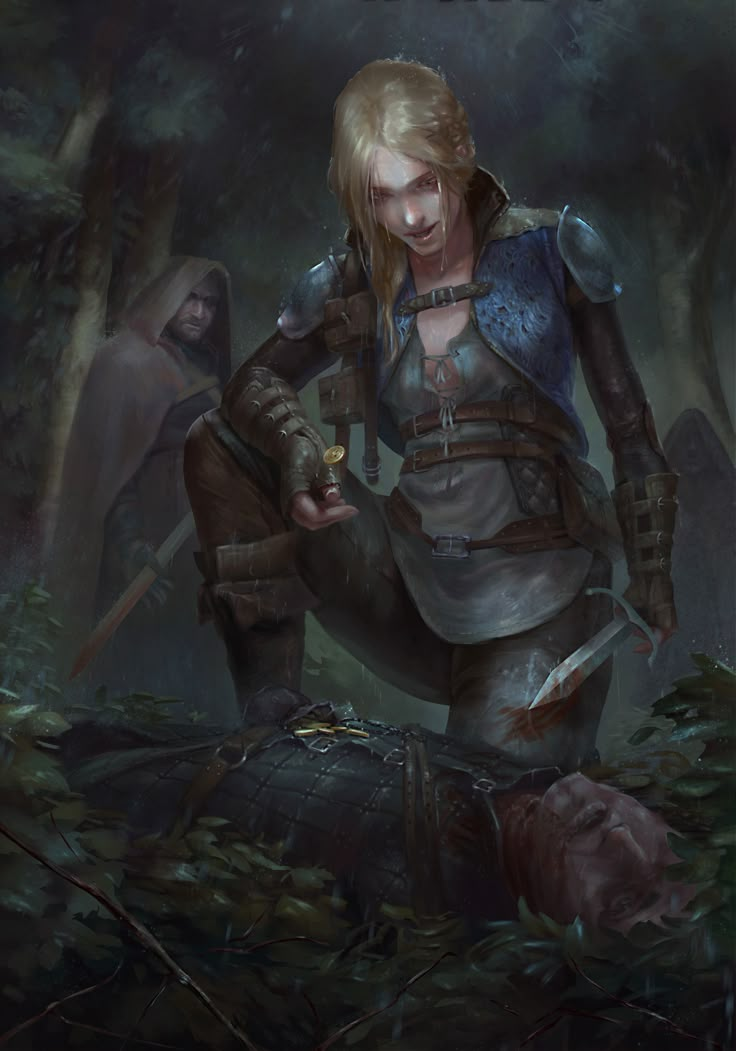 a woman holding a knife in the woods