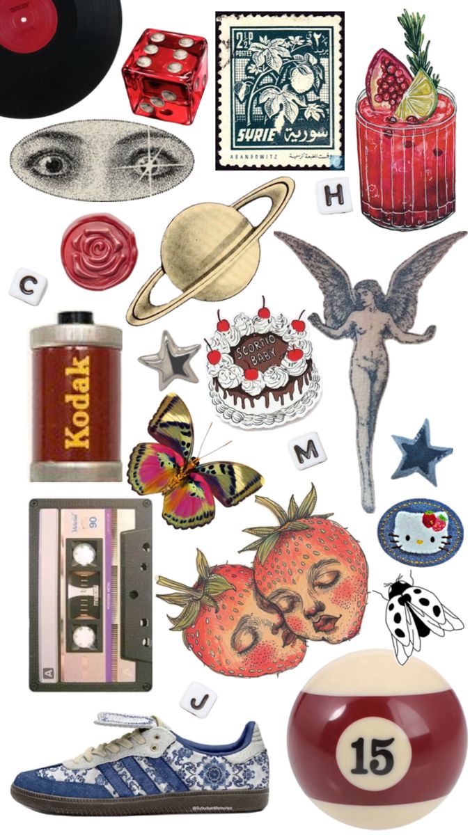 an assortment of items are arranged in the shape of a collage on a white background