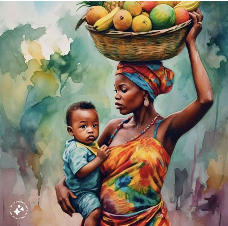 a painting of a woman carrying a basket of fruit on her head and holding a baby