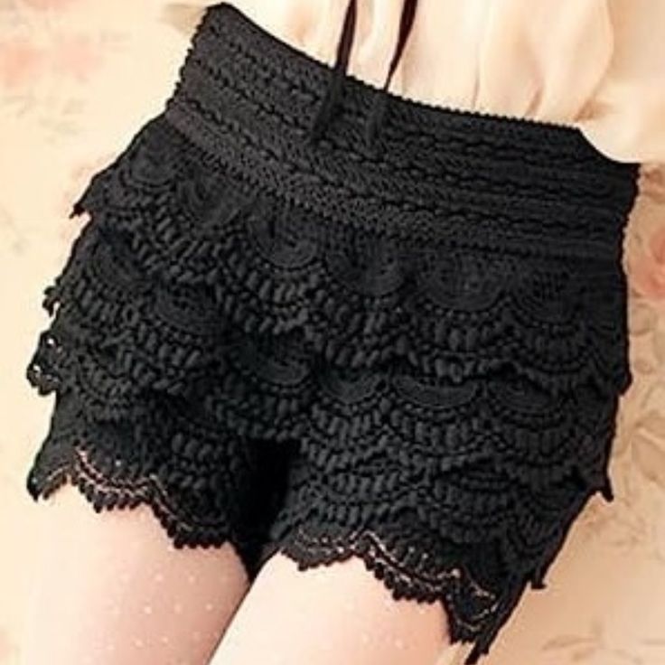 Black Shorts With Layers Of Frothy Crochet-Style Lace Are A Junior Size Small. Elasticized Waistband Is 3' Wide, 13" Waist (Laid Flat), Stretches To 16"; Short Length Measured From Crotch Is 4". Never Worn, But No Tags Inside Or Out. Hand Wash Lukewarm Or Cool Water, Or Machine Wash Gentle Would Be Recommended. Fabric: 100% Polyester. High Waist Elastic Black Shorts, Black High Waist Elastic Shorts, Black Stretch Ruffled Bottoms, Black Elastic Shorts For Summer, Black Ruffled Shorts For Summer, Black Ruffled Bottoms For Spring, Black Bottoms With Ruffles For Spring, Summer Black Ruffled Shorts, High Waist Black Ruffled Shorts