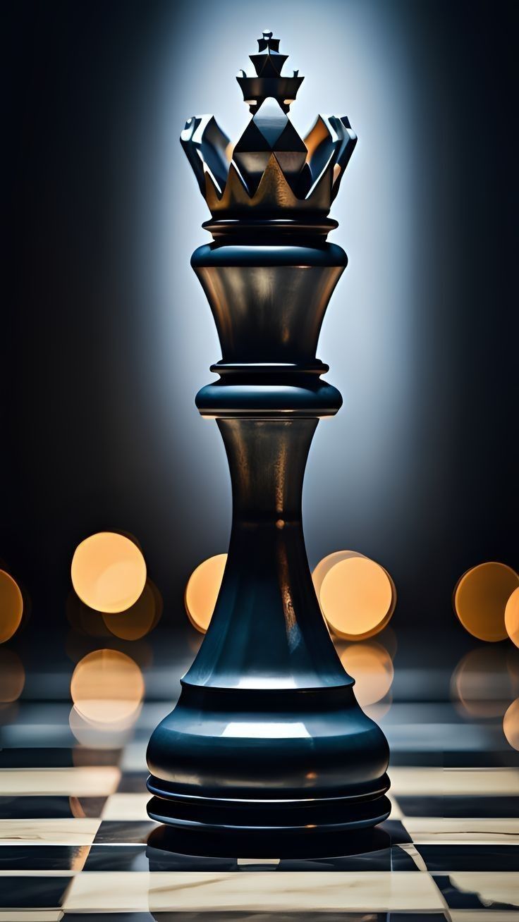 a black and white chess piece with lights in the background