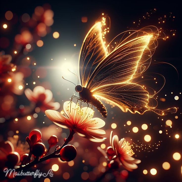 a butterfly that is flying in the air over some flowers with lights on it's wings