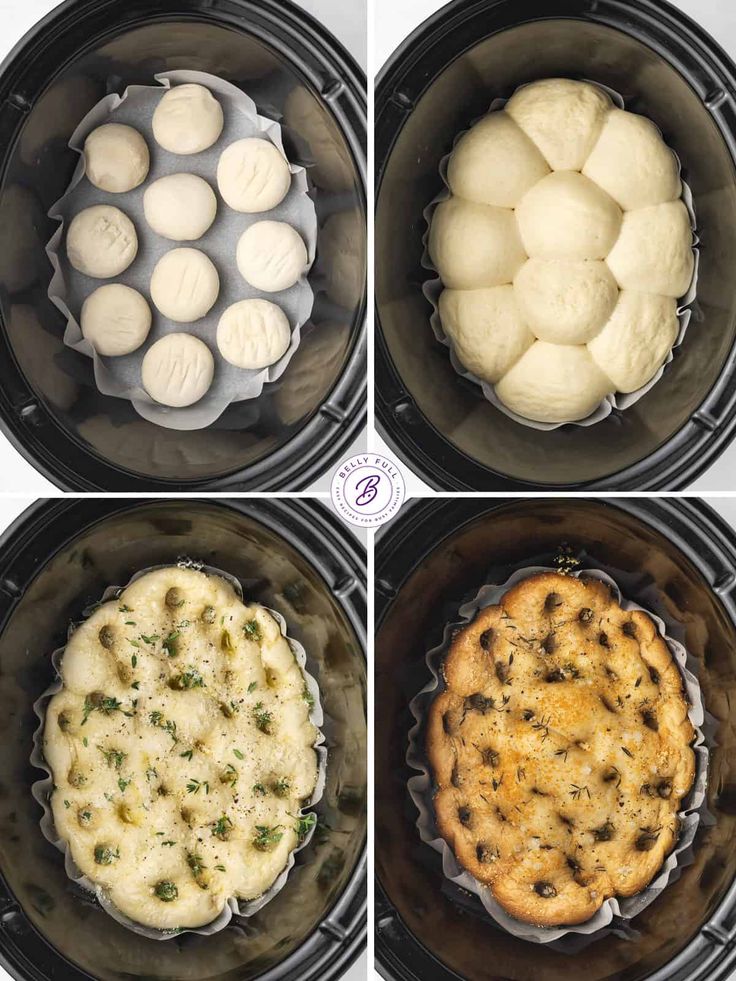 four pictures showing different types of food in an air fryer, including dumplings and pies