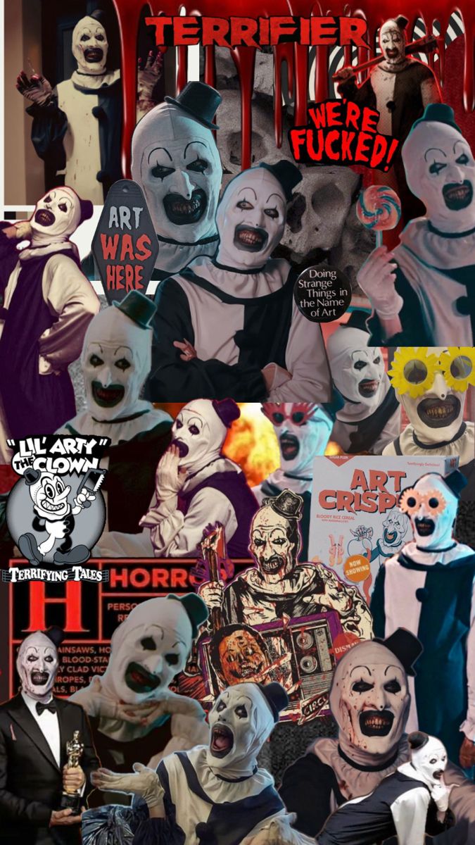 a collage of photos with clowns and masks on it's face, including one