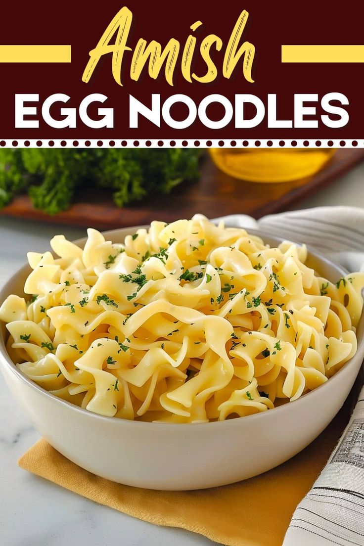 an egg noodle dish in a white bowl with parsley on the side and text overlay