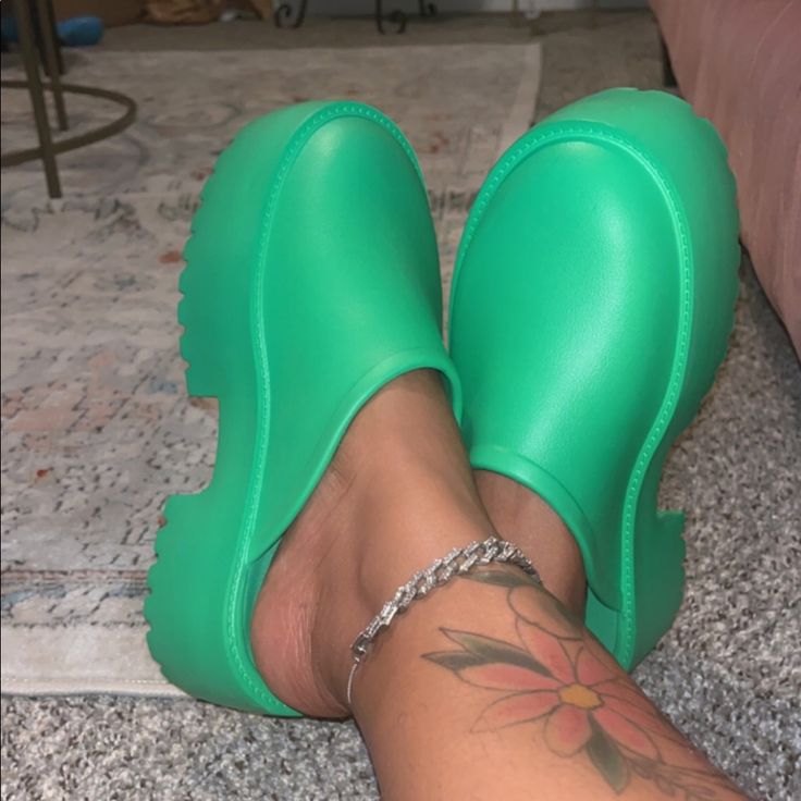 Green Rubber Platform Clogs. Runs Small Size Up Casual Green Platform Slippers With Round Toe, Casual Synthetic Platform Slippers With Chunky Platform, Green Slip-on Platform Slippers For Spring, Spring Closed Toe Synthetic Clogs, Trendy Synthetic Clogs For Spring, Spring Synthetic Closed Toe Clogs, Green Synthetic Mules With Round Toe, Green Casual Synthetic Platform Slippers, Trendy Closed Toe Chunky Platform Clogs