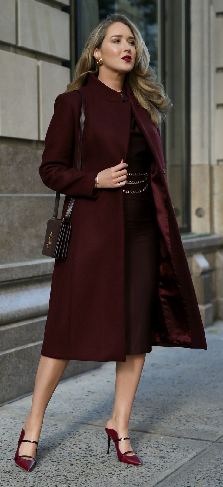 // Burgundy cowl-neck midi dress, burgundy wool blend longline coat with standup collar, burgundy double-strap leather stiletto heel mules, gold vintage triple chain belt, burgundy leather shoulder bag{ #reiss #malonesouliers #shopbop #nordstrom #yvessaintlaurent #chanel #fallstyle #workwear #classicstyle #30dressesin30days #day12 #winterstyle } Mary Orton, Burgundy Coat, Nordstrom Outfit, Client Meeting, Longline Coat, Fall Dress Outfit, Belted Midi Dress, Heel Mules, Professional Attire