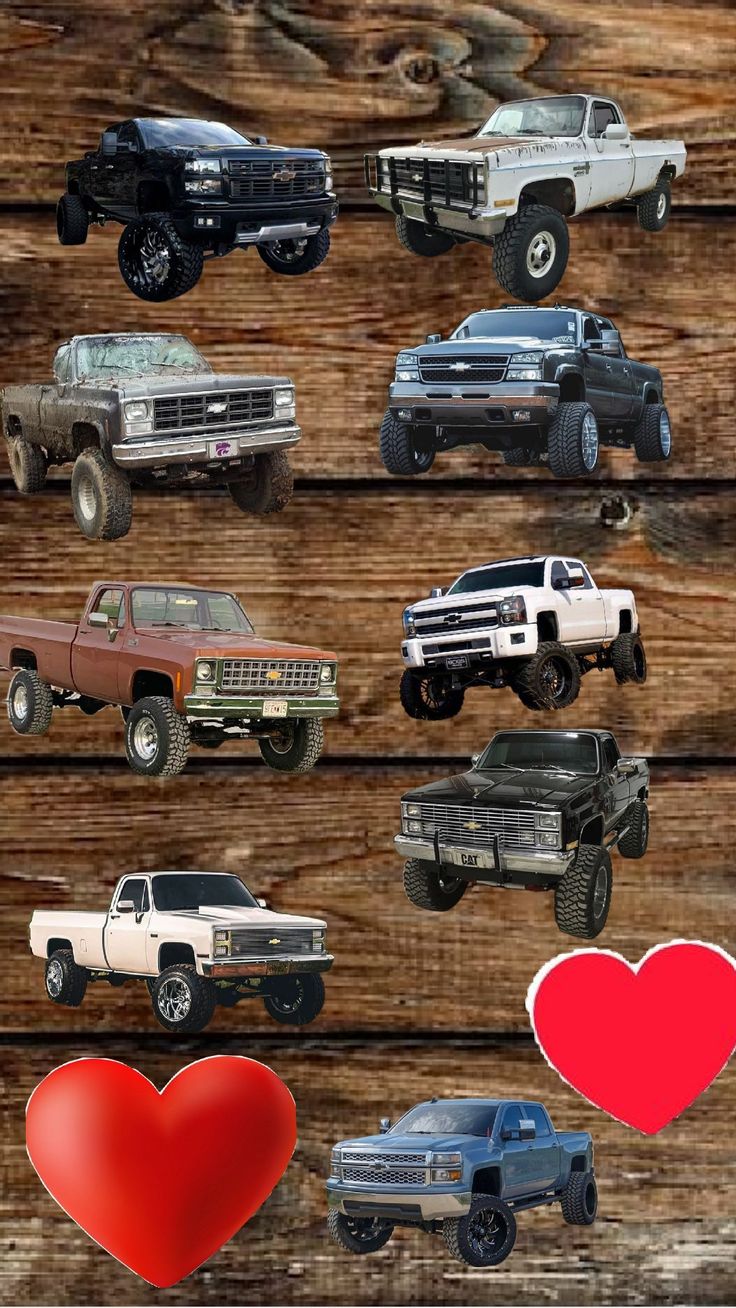 many different types of trucks on wooden planks with hearts in the middle and bottom