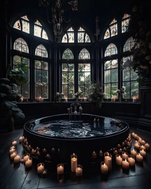 a large bath tub filled with lots of lit candles in front of two big windows