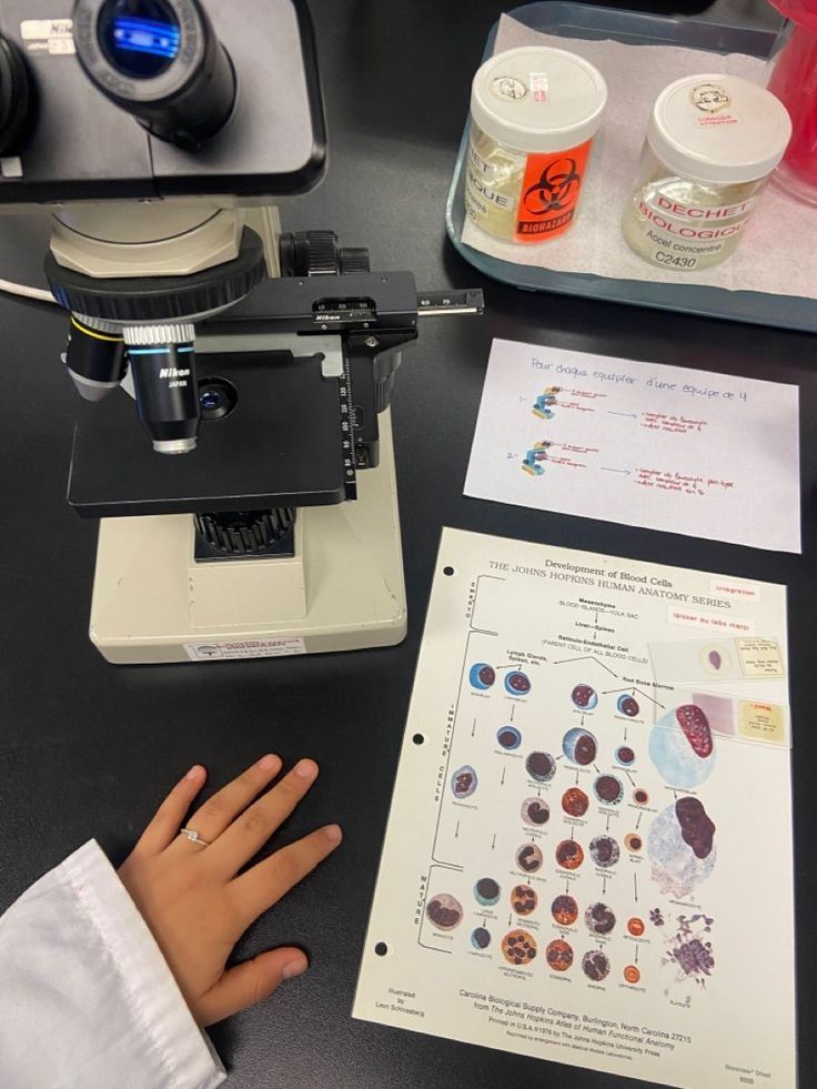 a person's hand is on the table next to a microscope and other items