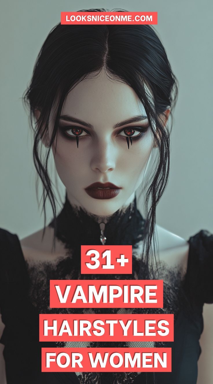 Update your vampire costume with a modern twist—a sleek, high ponytail combined with razor-sharp edges. This hairstyle is perfect for the contemporary vampire look, blending chic style with a hint of danger. Vampire Hairstyles For Women, Vampire Hairstyles, Vampire Costume Women, Gothic Vampire Costume, Vampire Hair, Modern Vampires, Vampire Look, Vampire Bride, Vampire Costumes