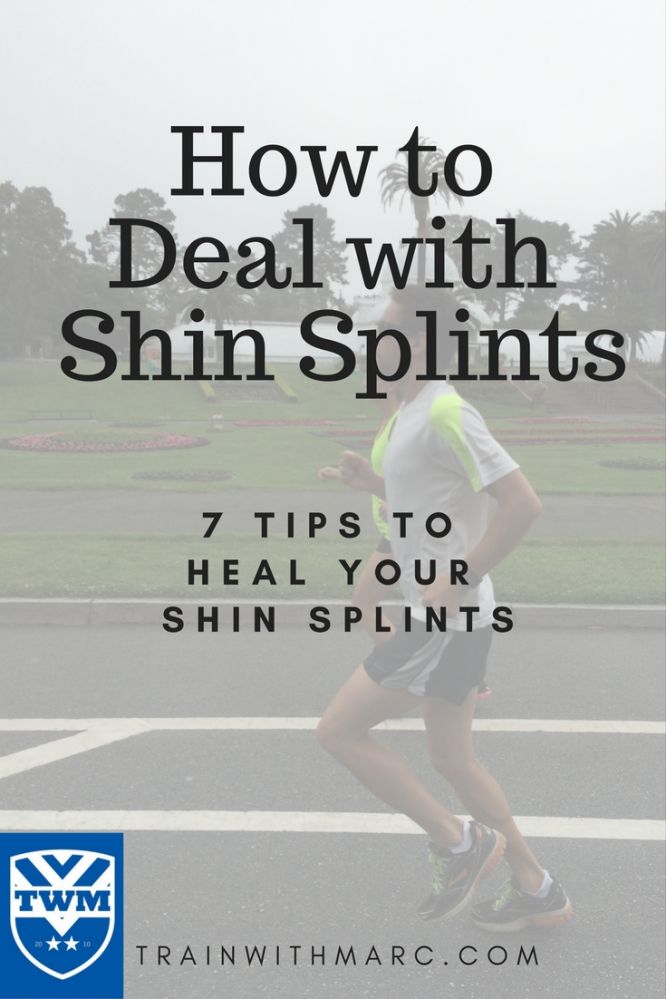 a man running on the road with text overlaying how to deal with shin splints