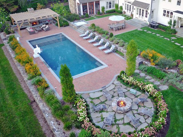 an aerial view of a backyard with a swimming pool