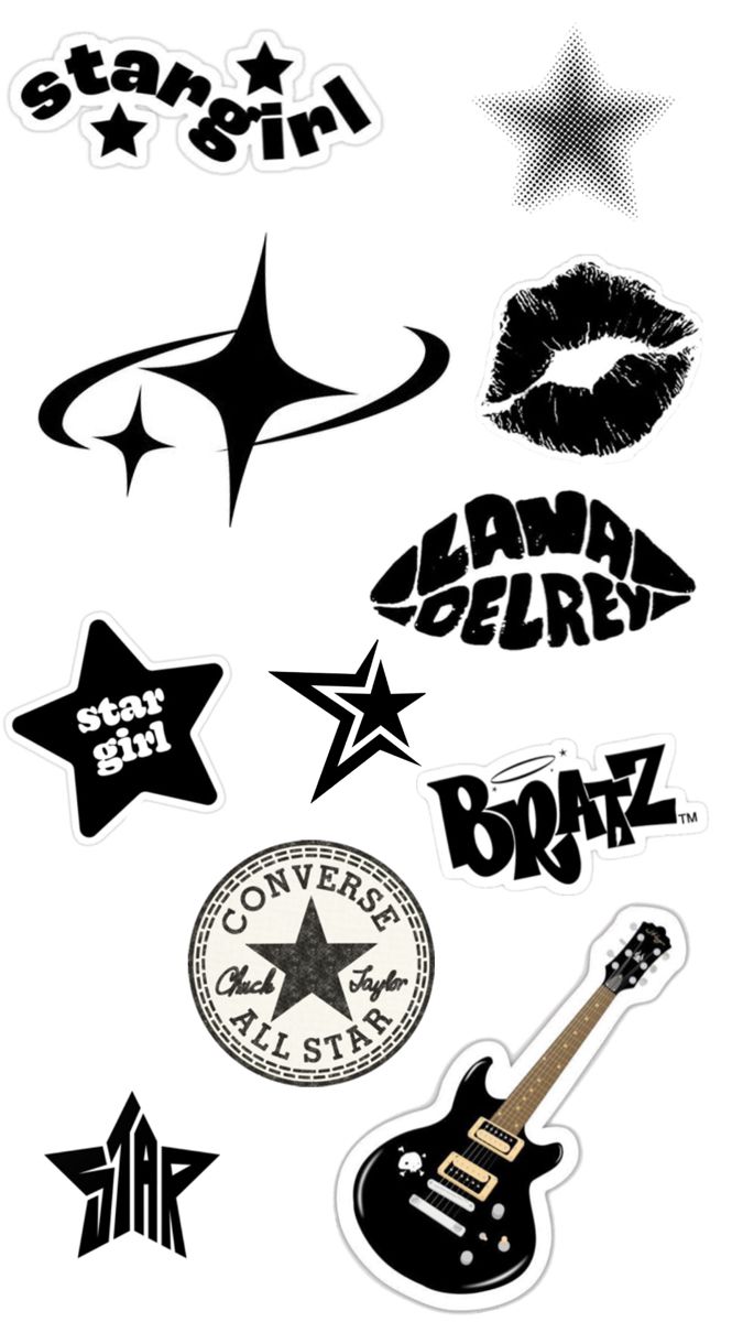 various black and white stickers with stars, lips, guitar, mouth, tongue